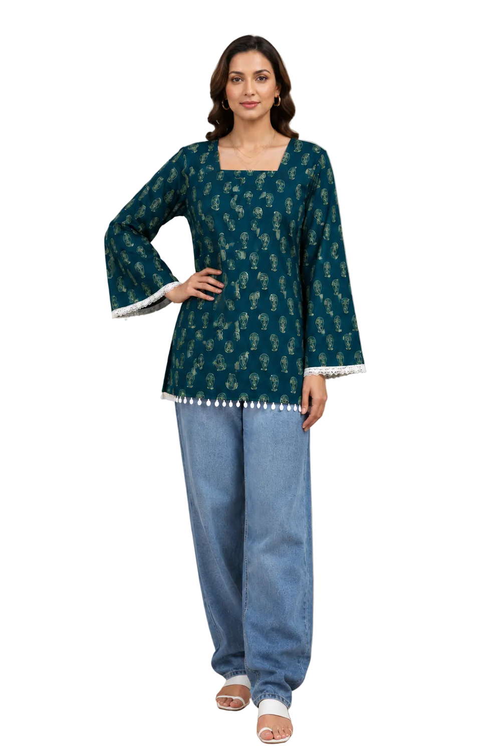 Vastraanii Women's Teal Paisley Print Cotton Top with Square Neck & Lace Detail