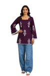 Vastraanii Women's Purple Floral Printed Cotton Top with Square Neck & Lace Trim