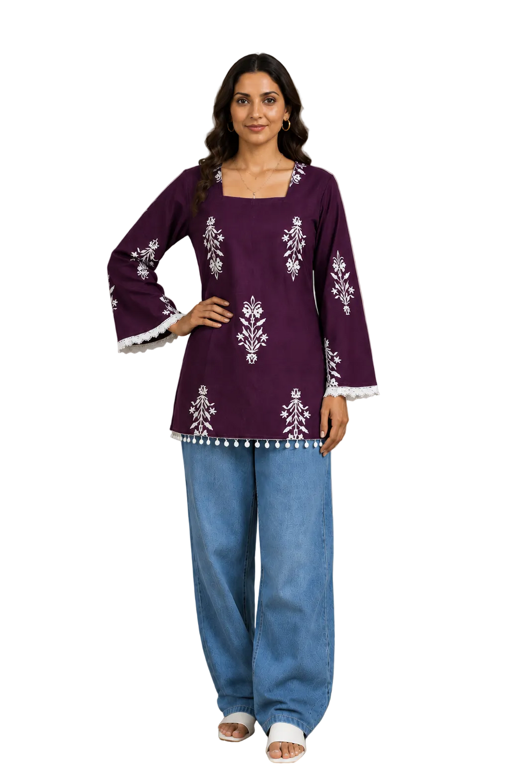 Vastraanii Women's Purple Floral Printed Cotton Top with Square Neck & Lace Trim