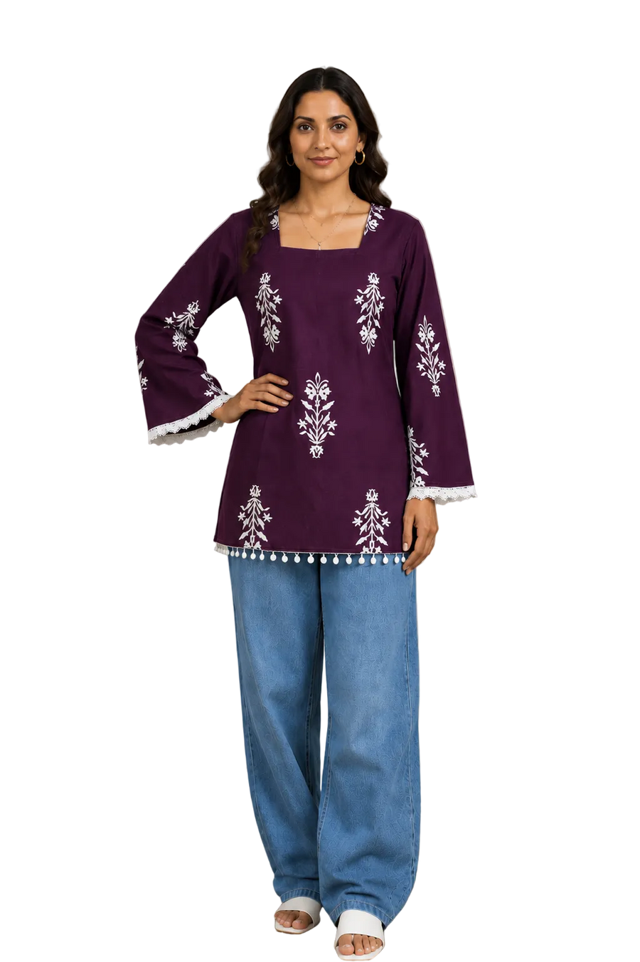 Vastraanii Women's Purple Floral Printed Cotton Top with Square Neck & Lace Trim