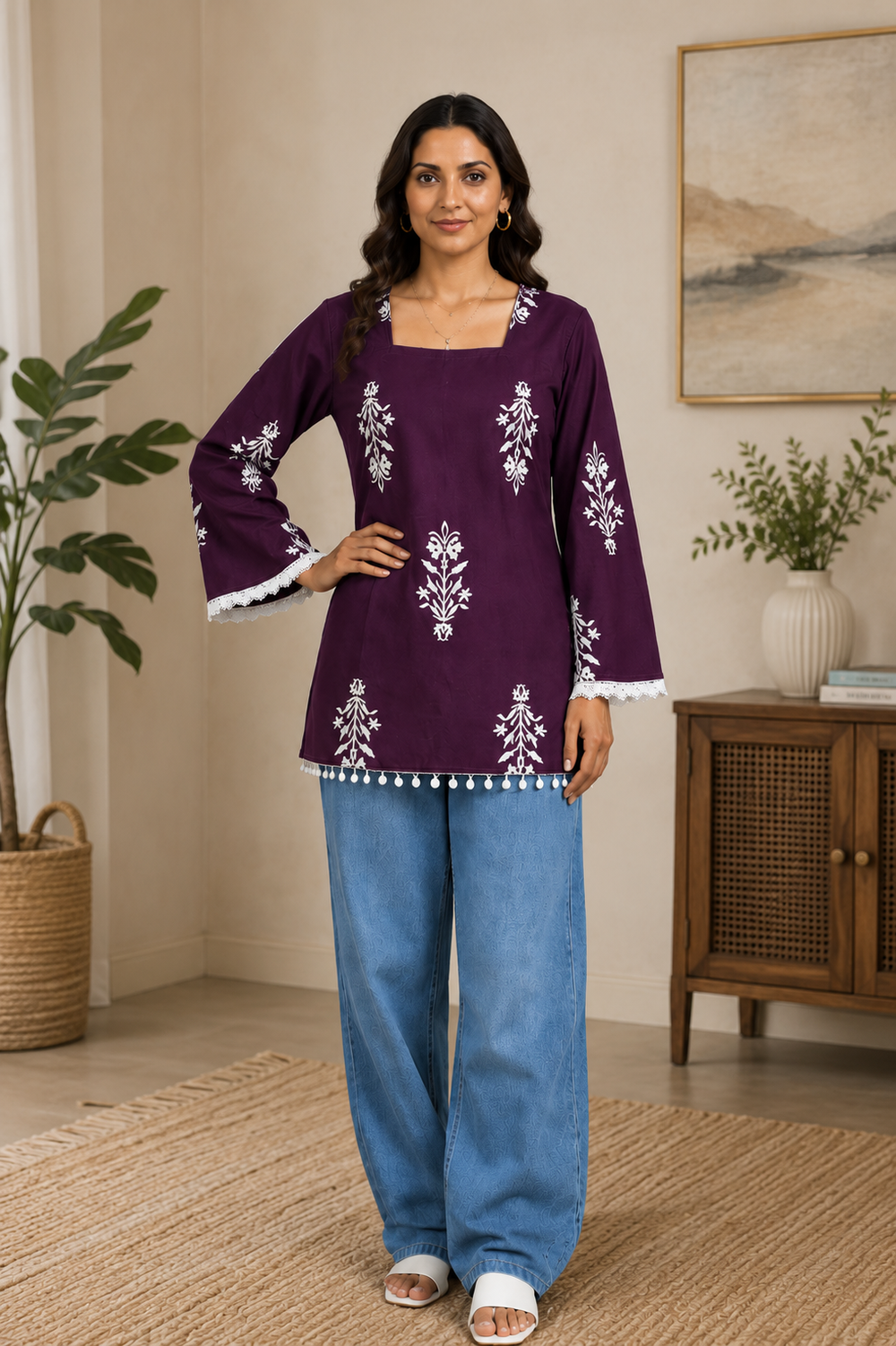 Vastraanii Women's Purple Floral Printed Cotton Top with Square Neck & Lace Trim