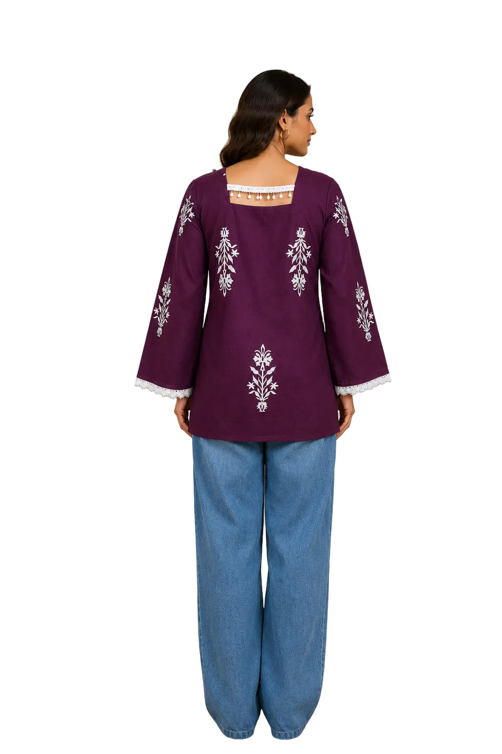 Vastraanii Women's Purple Floral Printed Cotton Top with Square Neck & Lace Trim