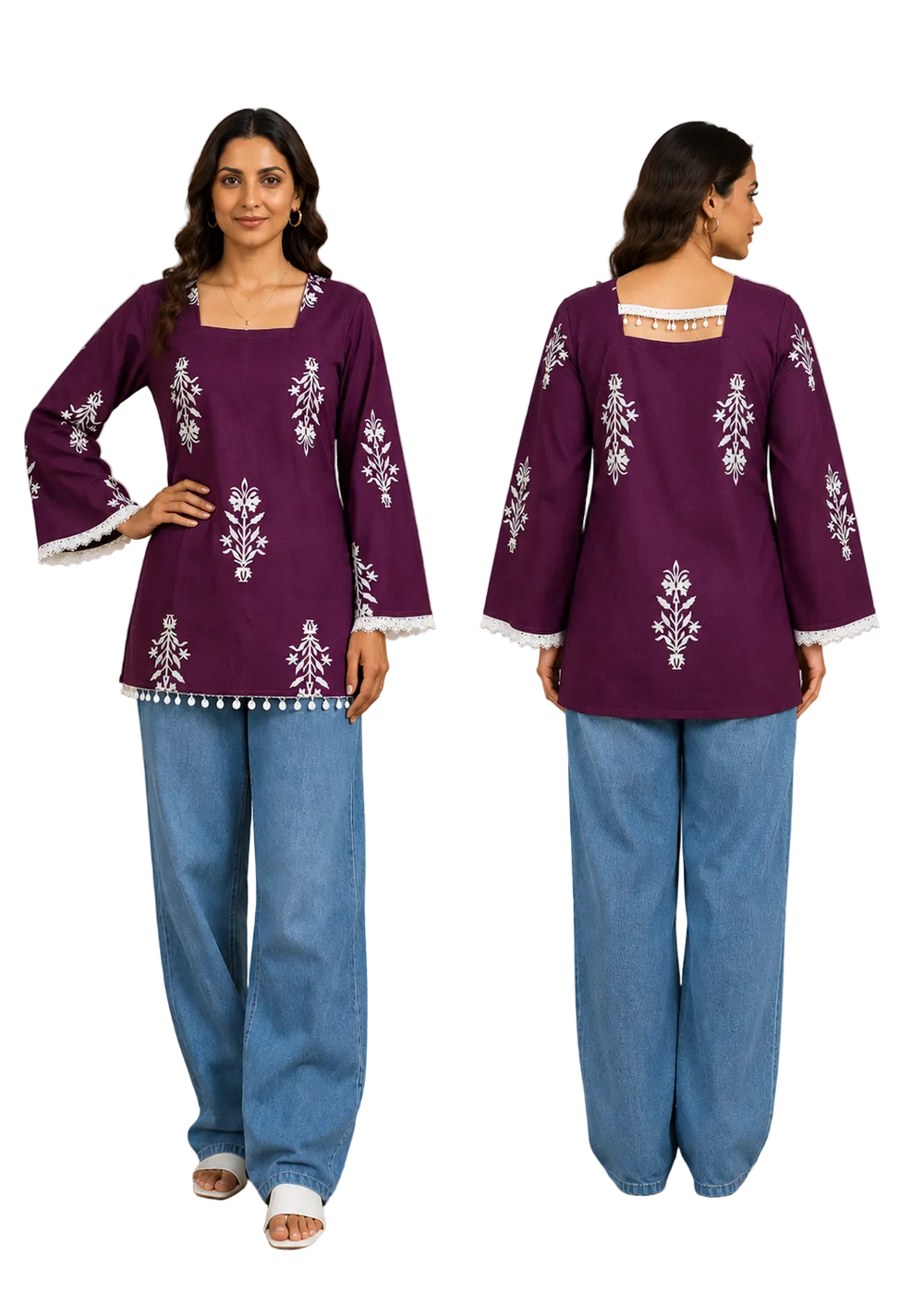 Vastraanii Women's Purple Floral Printed Cotton Top with Square Neck & Lace Trim