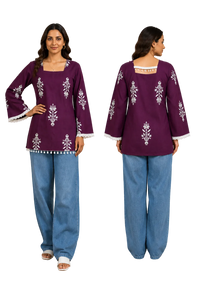 Vastraanii Women's Purple Floral Printed Cotton Top with Square Neck & Lace Trim