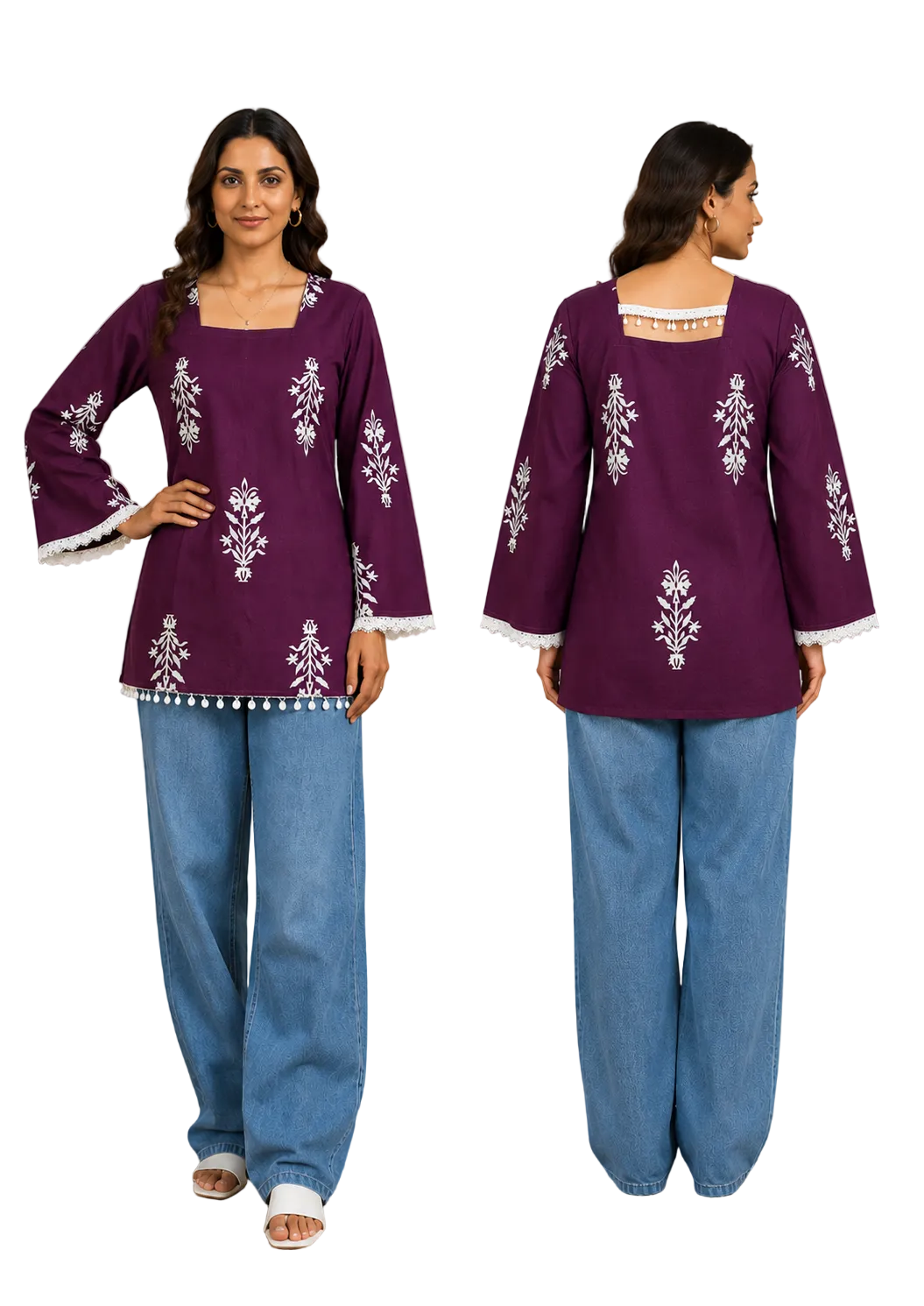 A woman modeling a purple embroidered kurta with wide blue jeans, shown in front and back views against an indoor neutral background.