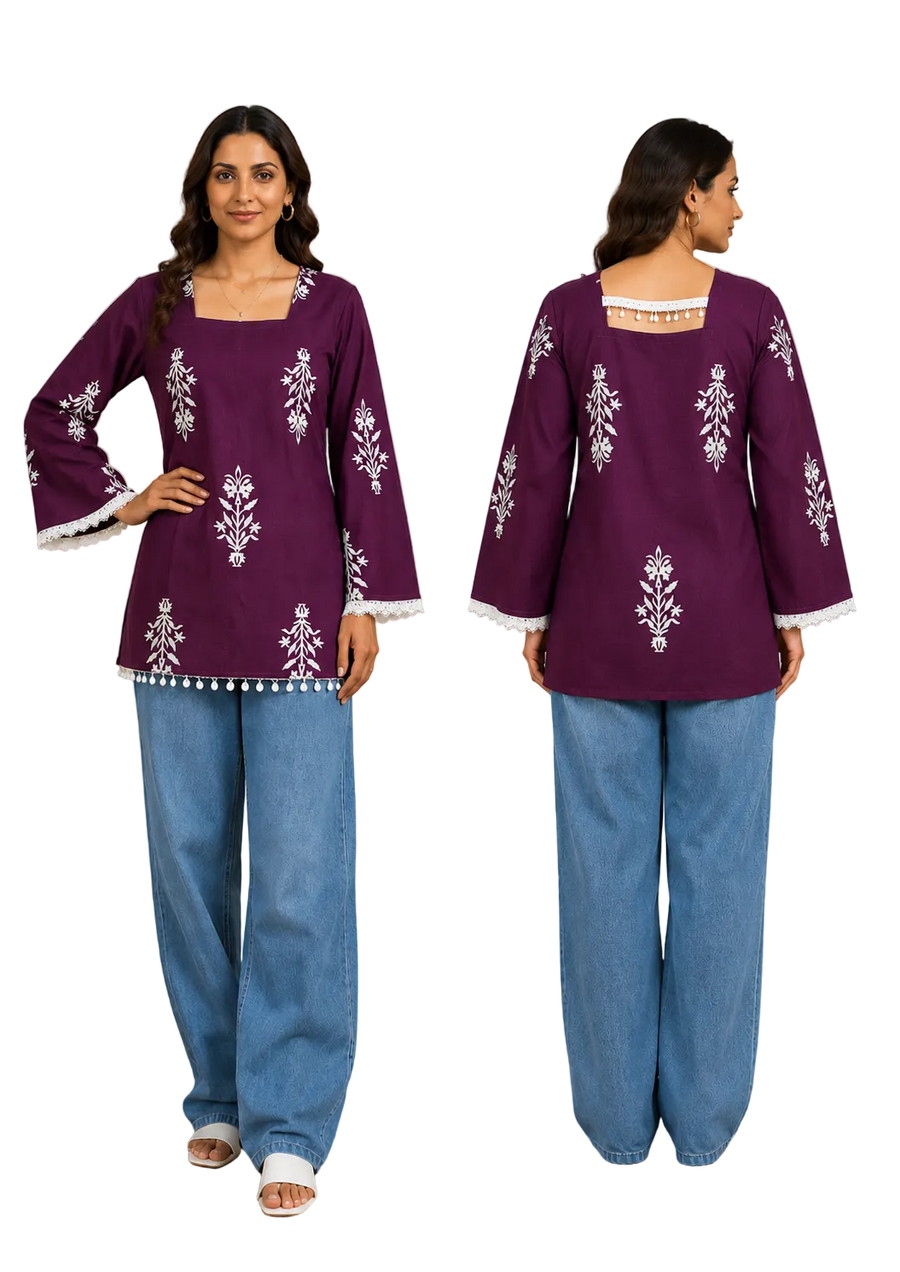 Vastraanii Women's Purple Floral Printed Cotton Top with Square Neck & Lace Trim