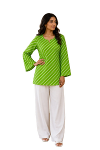 Vastraanii Women's Lime Green Leheriya Stripe Cotton Top with Keyhole Neck