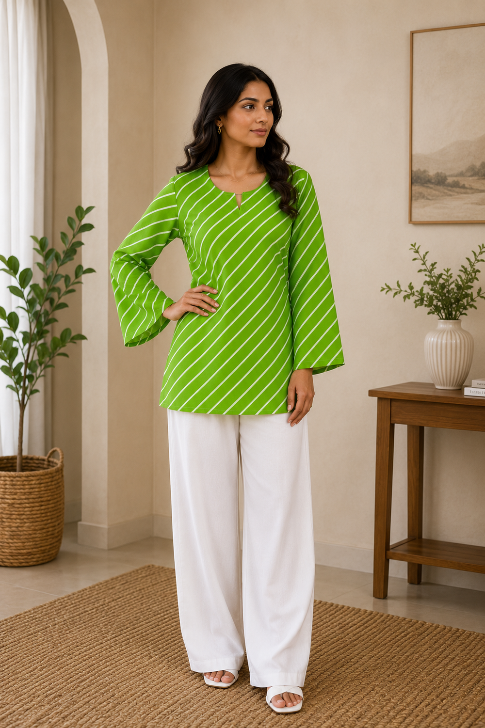 Vastraanii Women's Lime Green Leheriya Stripe Cotton Top with Keyhole Neck