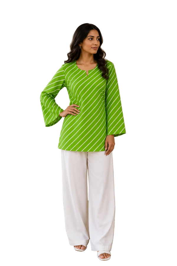 Vastraanii Women's Lime Green Leheriya Stripe Cotton Top with Keyhole Neck