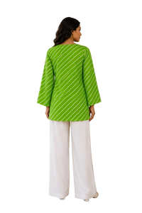 Vastraanii Women's Lime Green Leheriya Stripe Cotton Top with Keyhole Neck