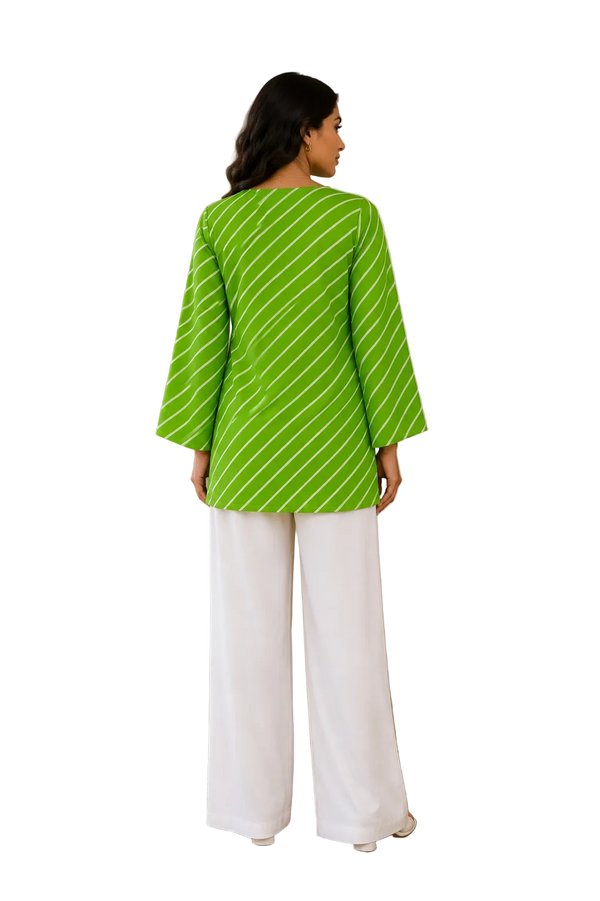 Vastraanii Women's Lime Green Leheriya Stripe Cotton Top with Keyhole Neck