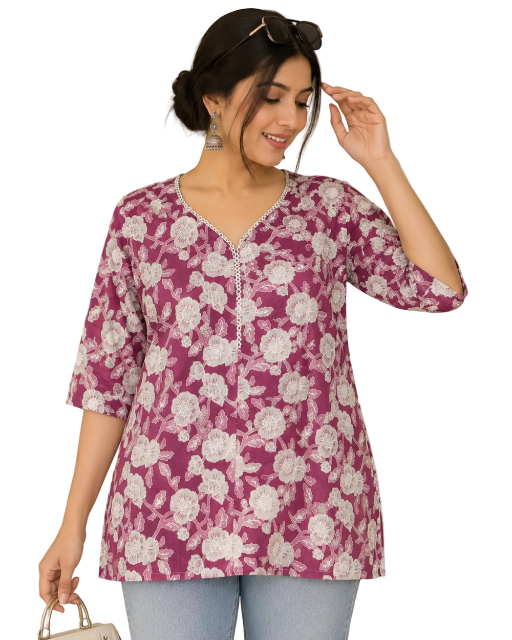 Vastraanii Women's Purple Floral Printed V-Neck Cotton Top