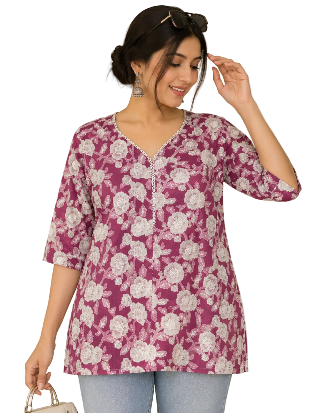 Vastraanii Women's Purple Floral Printed V-Neck Cotton Top