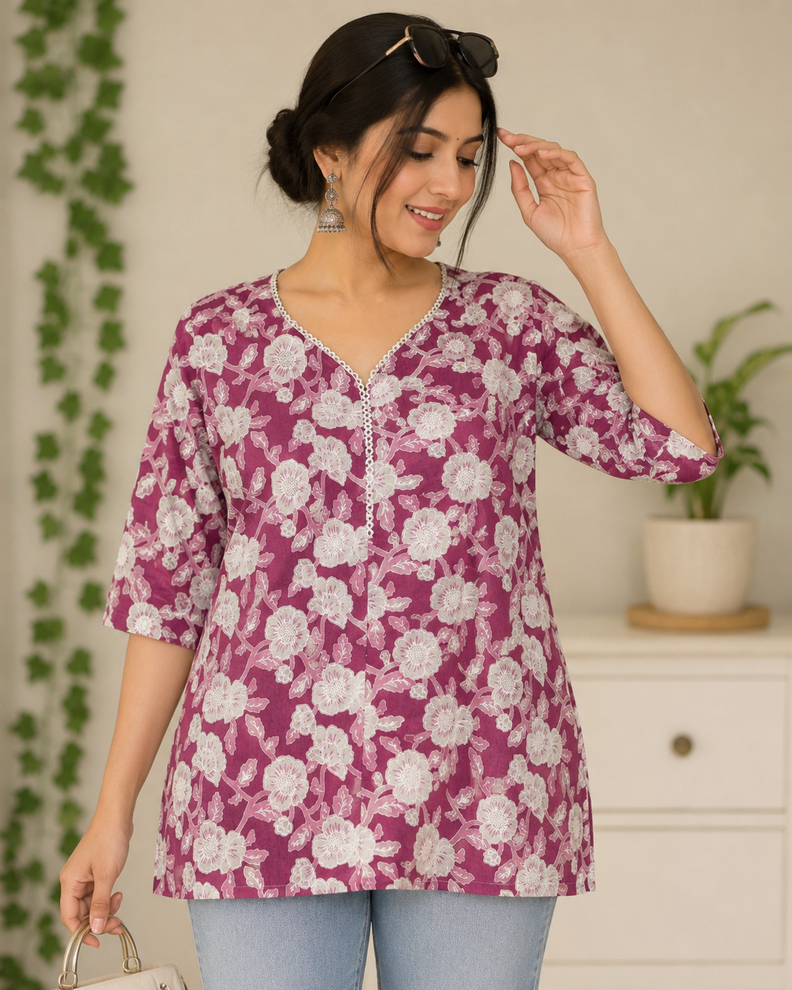 Vastraanii Women's Purple Floral Printed V-Neck Cotton Top