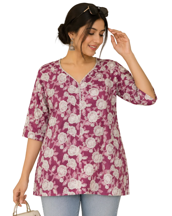 Vastraanii Women's Purple Floral Printed V-Neck Cotton Top