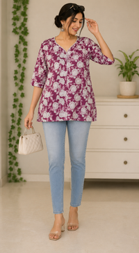 Vastraanii Women's Purple Floral Printed V-Neck Cotton Top