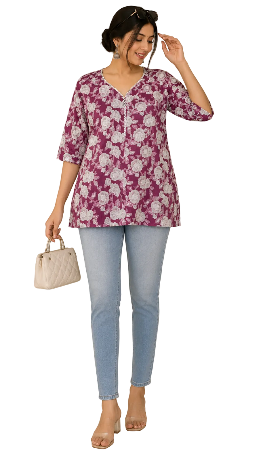Vastraanii Women's Purple Floral Printed V-Neck Cotton Top