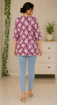 Vastraanii Women's Purple Floral Printed V-Neck Cotton Top