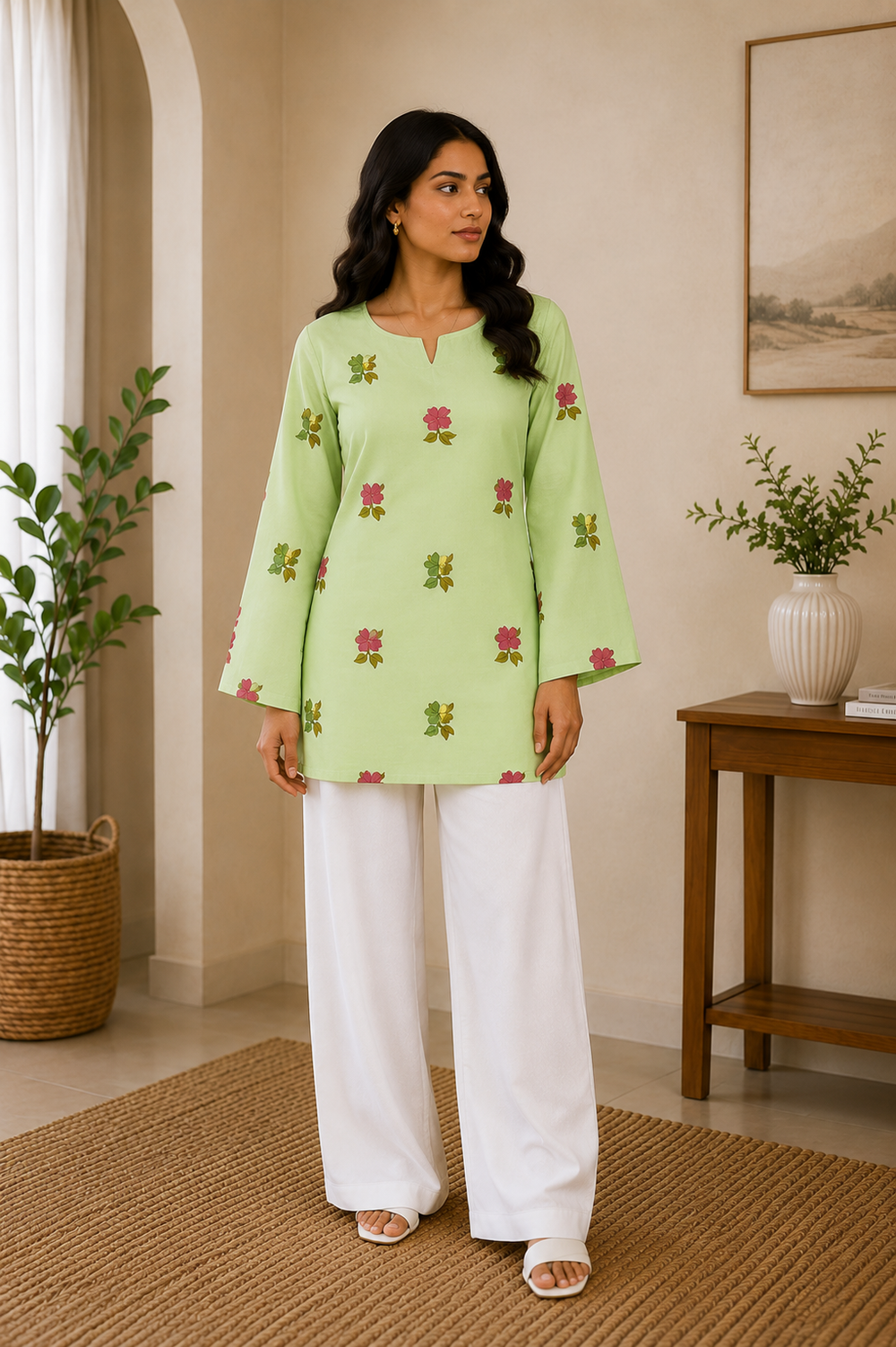 Vastraanii Women's Light Green Floral Printed Cotton Top