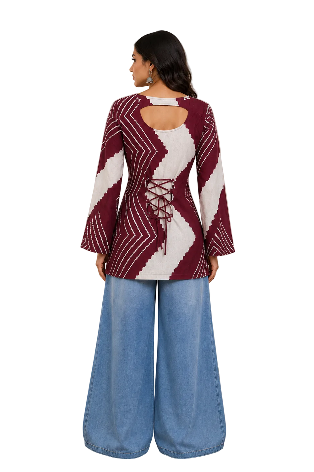 Vastraanii Maroon Abstract Printed Keyhole Neck Short Kurti for Women | Bell Sleeves Designer Ethnic Top