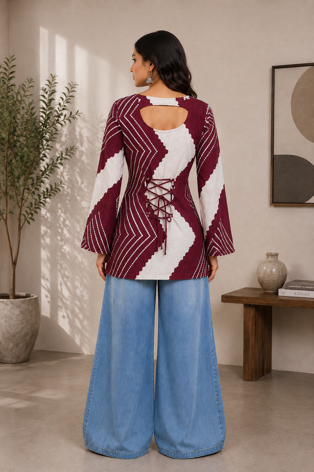 Vastraanii Maroon Abstract Printed Keyhole Neck Short Kurti for Women | Bell Sleeves Designer Ethnic Top