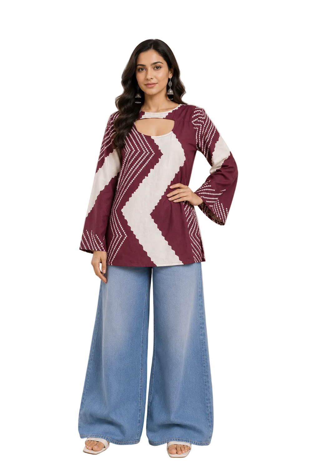 Vastraanii Maroon Abstract Printed Keyhole Neck Short Kurti for Women | Bell Sleeves Designer Ethnic Top