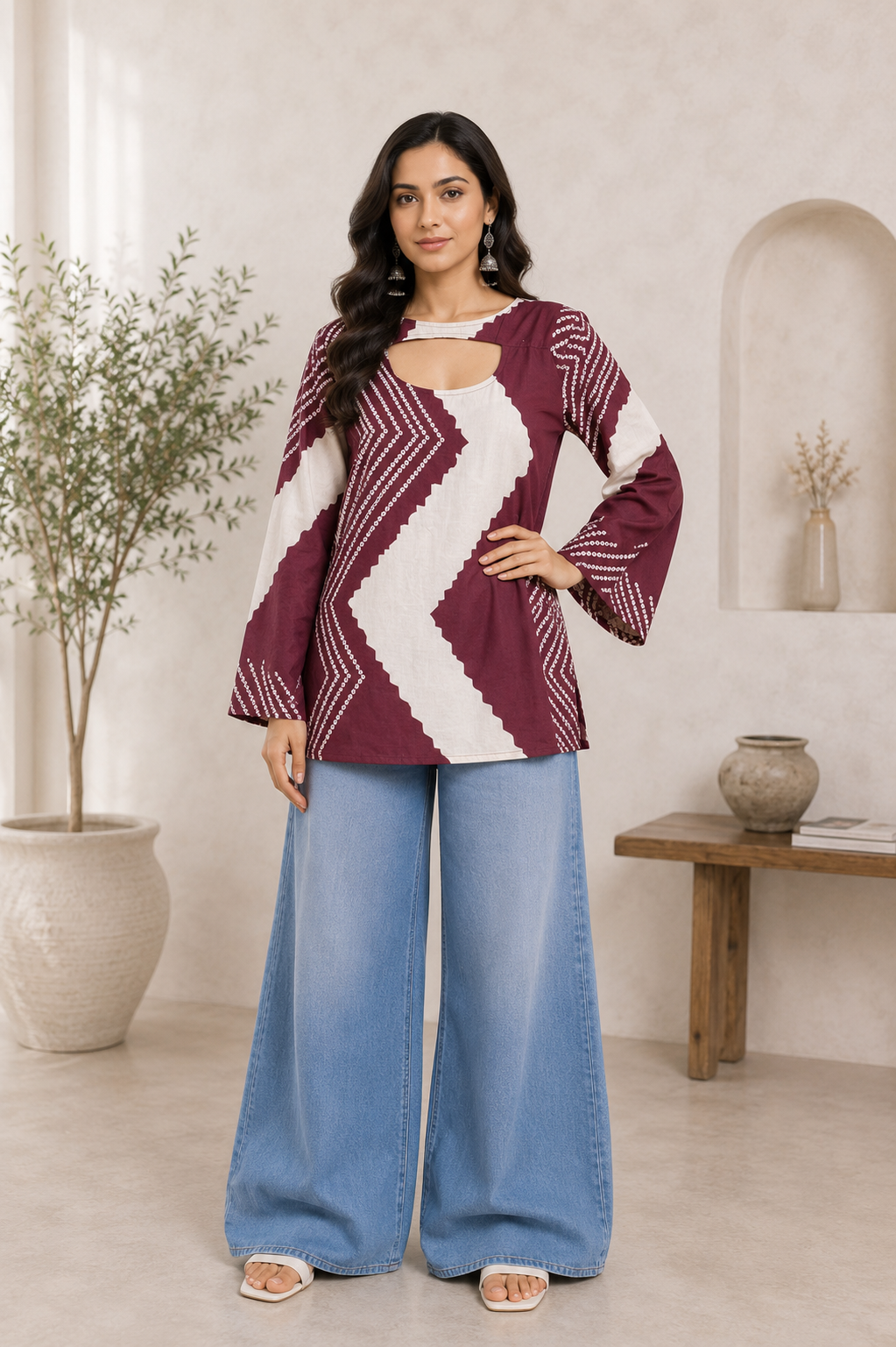 Vastraanii Maroon Abstract Printed Keyhole Neck Short Kurti for Women | Bell Sleeves Designer Ethnic Top