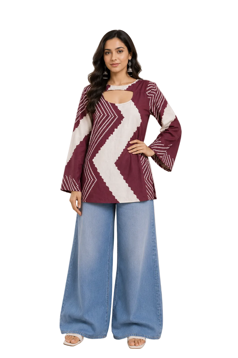 Vastraanii Maroon Abstract Printed Keyhole Neck Short Kurti for Women | Bell Sleeves Designer Ethnic Top