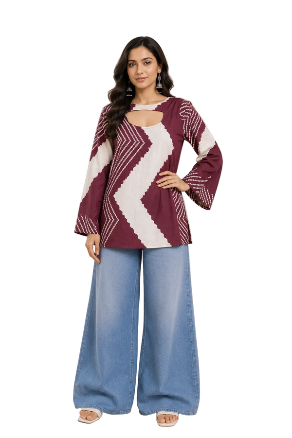 Vastraanii Maroon Abstract Printed Keyhole Neck Short Kurti for Women | Bell Sleeves Designer Ethnic Top