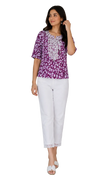 Vastraanii Women's Purple Floral Printed Cotton Top | Embroidered Neck | Half Sleeve Casual Kurti Top