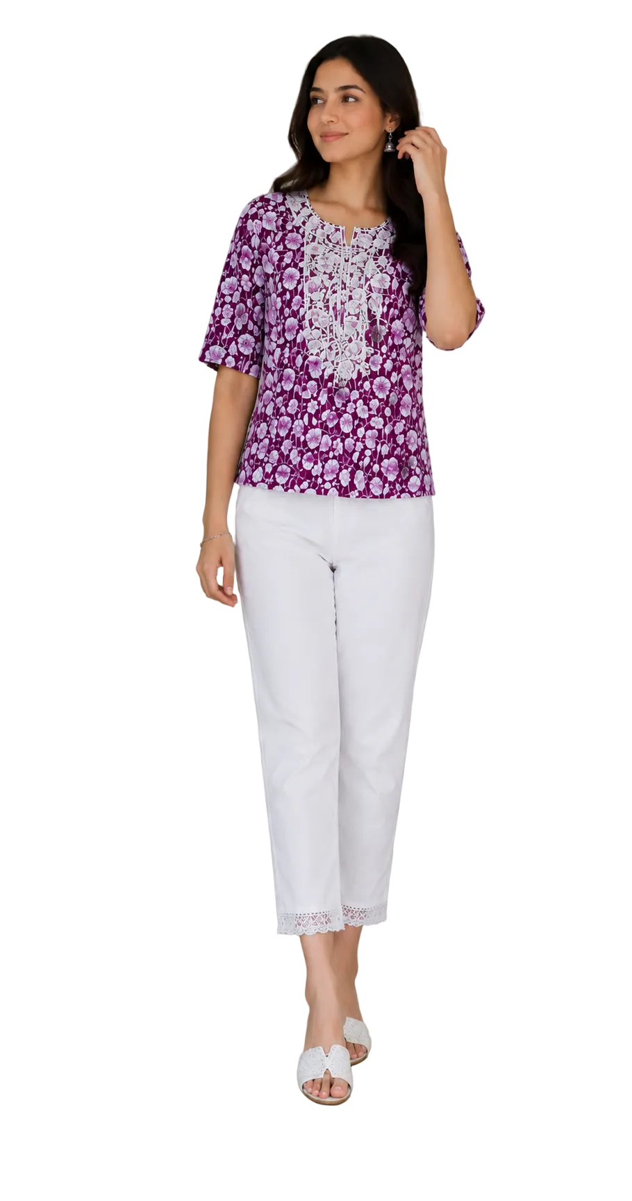 Vastraanii Women's Purple Floral Printed Cotton Top | Embroidered Neck | Half Sleeve Casual Kurti Top