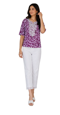 Vastraanii Women's Purple Floral Printed Cotton Top | Embroidered Neck | Half Sleeve Casual Kurti Top