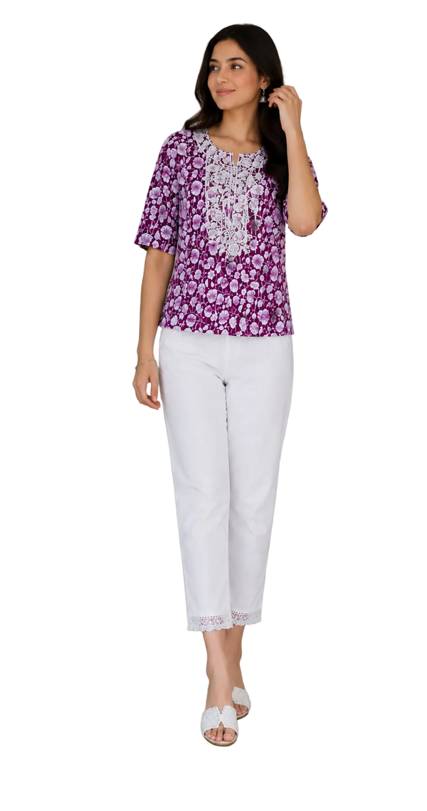 Vastraanii Women's Purple Floral Printed Cotton Top | Embroidered Neck | Half Sleeve Casual Kurti Top