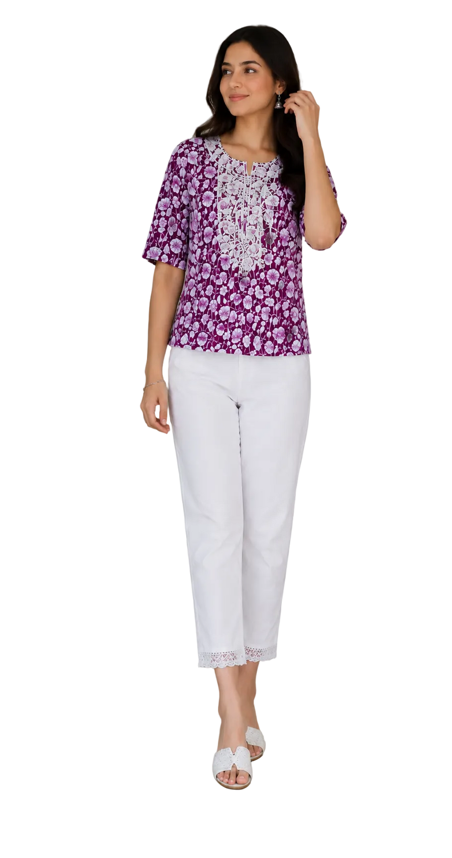 Vastraanii Women's Purple Floral Printed Cotton Top | Embroidered Neck | Half Sleeve Casual Kurti Top