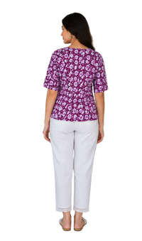Vastraanii Women's Purple Floral Printed Cotton Top | Embroidered Neck | Half Sleeve Casual Kurti Top