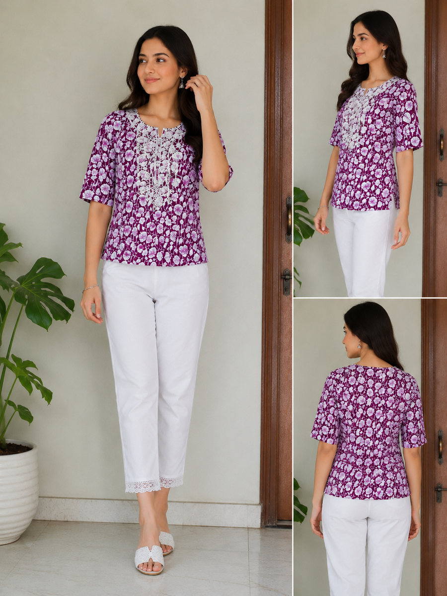 Vastraanii Women's Purple Floral Printed Cotton Top | Embroidered Neck | Half Sleeve Casual Kurti Top
