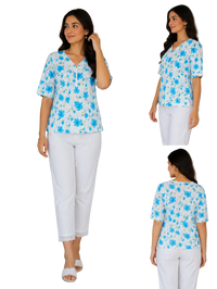 Vastraanii Women's White & Blue Floral Printed Cotton Top | V-Neck | Half Sleeves