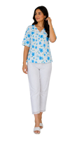 Vastraanii Women's White & Blue Floral Printed Cotton Top | V-Neck | Half Sleeves