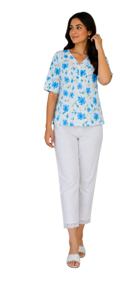 Vastraanii Women's White & Blue Floral Printed Cotton Top | V-Neck | Half Sleeves