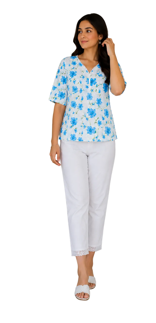 Vastraanii Women's White & Blue Floral Printed Cotton Top | V-Neck | Half Sleeves