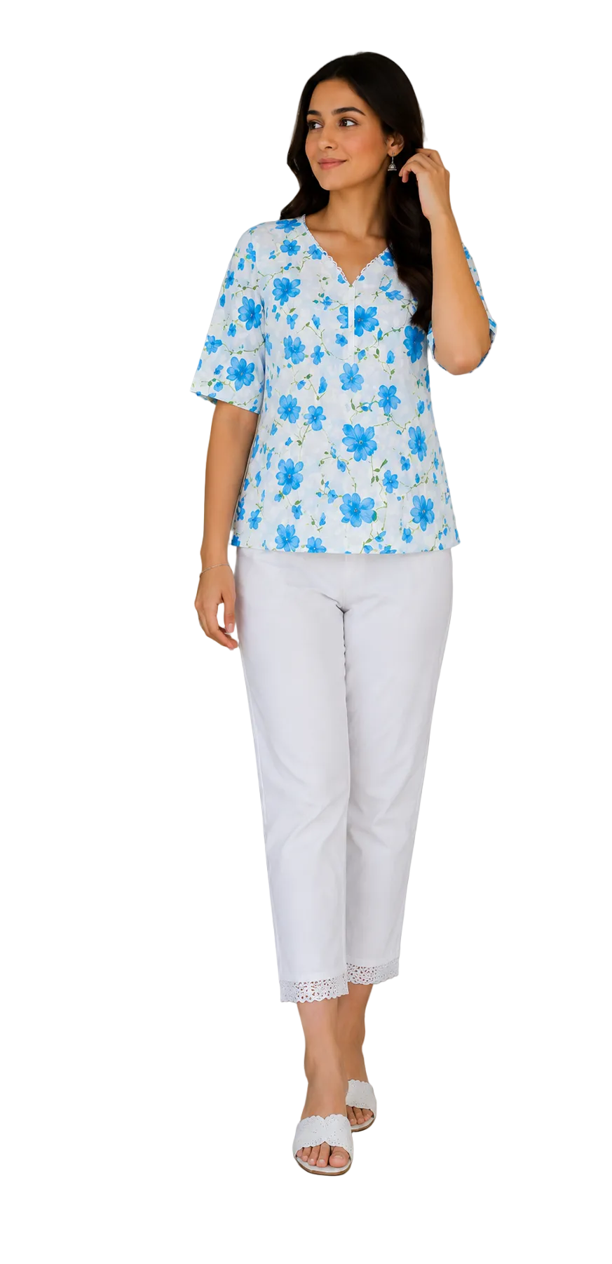 Vastraanii Women's White & Blue Floral Printed Cotton Top | V-Neck | Half Sleeves