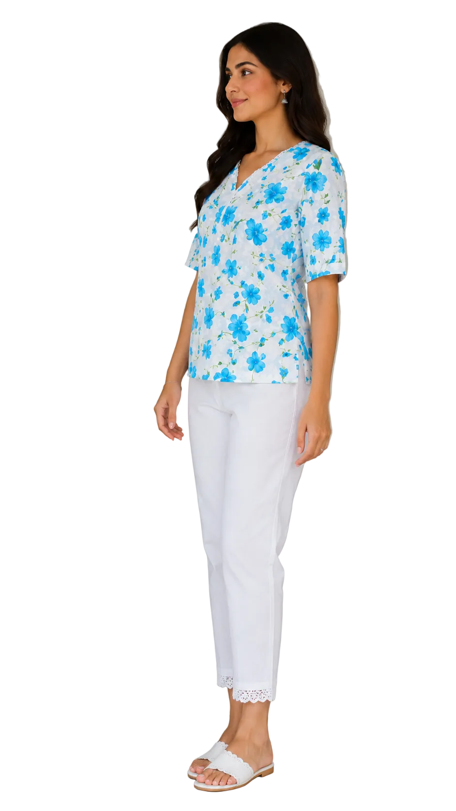 Vastraanii Women's White & Blue Floral Printed Cotton Top | V-Neck | Half Sleeves