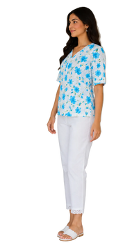 Vastraanii Women's White & Blue Floral Printed Cotton Top | V-Neck | Half Sleeves