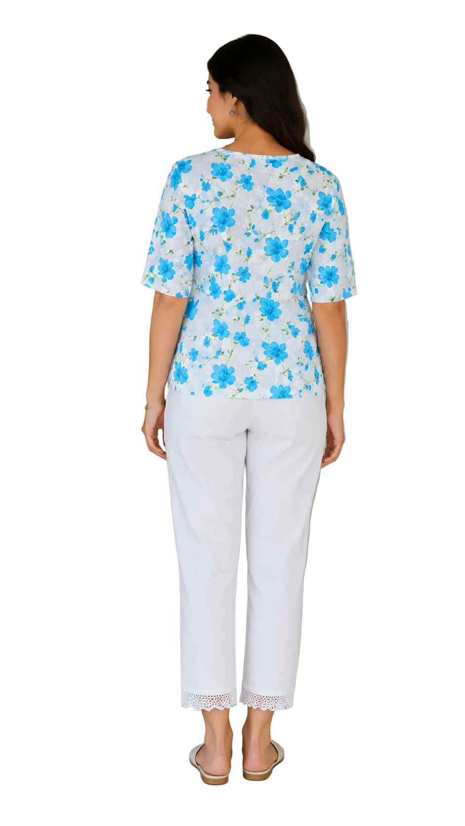 Vastraanii Women's White & Blue Floral Printed Cotton Top | V-Neck | Half Sleeves