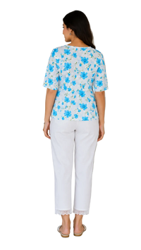 Vastraanii Women's White & Blue Floral Printed Cotton Top | V-Neck | Half Sleeves