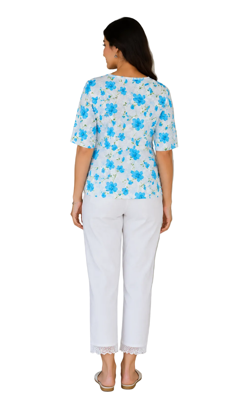 Vastraanii Women's White & Blue Floral Printed Cotton Top | V-Neck | Half Sleeves