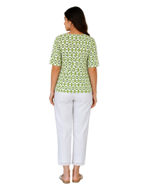 Vastraanii Women's Green Ikat Printed Cotton Top | Embroidered Yoke | Half Sleeves