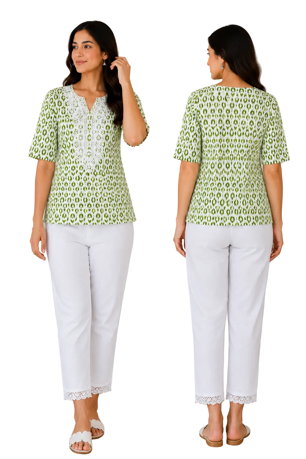 A woman modeling a light green and white patterned short-sleeve top with white pants, shown in front and back views against an indoor wall backdrop.