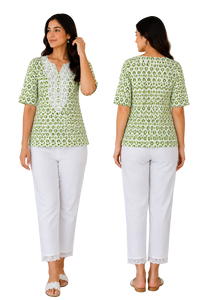 Vastraanii Women's Green Ikat Printed Cotton Top | Embroidered Yoke | Half Sleeves