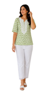Vastraanii Women's Green Ikat Printed Cotton Top | Embroidered Yoke | Half Sleeves